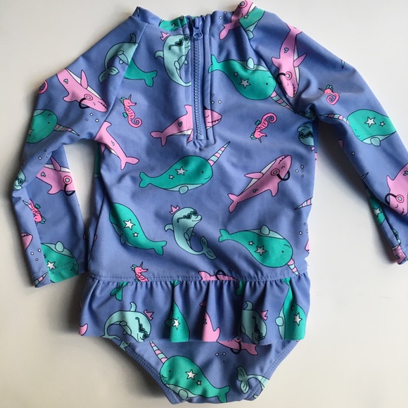 OshKosh B'gosh one piece Swimsuit 6 months long sleeves purple Narwhal shark - Picture 4 of 12